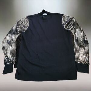 CARMEN Marc Valvo Mock Neck Black Knit Sweater with Gold Sequin Sleeves size XL